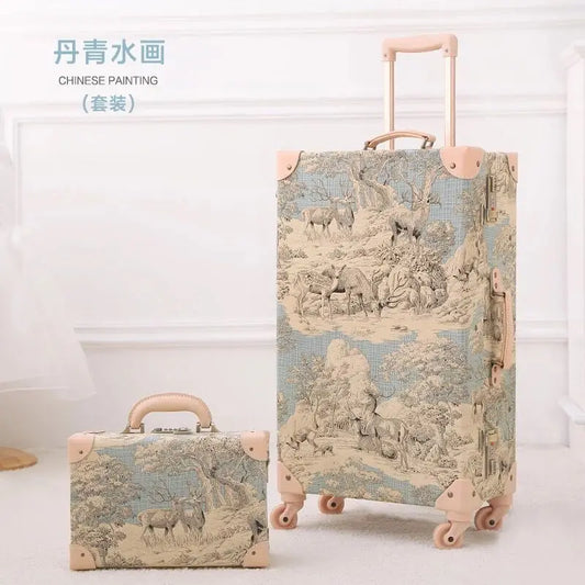 Hot!New Women 2PCS/SET Vintag Travel Suitcase Rolling Luggage Sets,12"20"24"26"Inch Trolley Suitcase Handbag Carry on Wheels