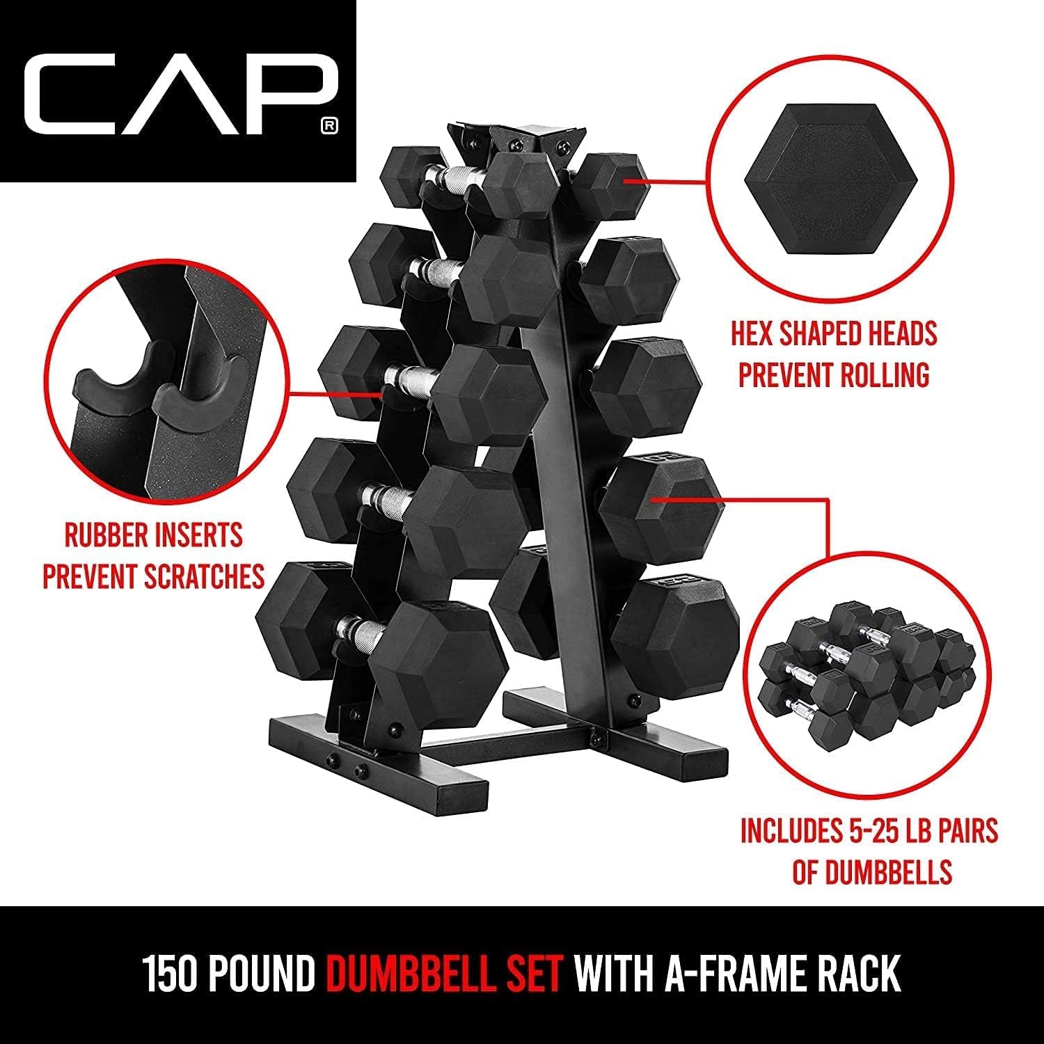 5-25Lb Rubber Coated Hex Dumbbell Set with a Frame Storage Rack Non-Slip Hex Shape for Muscle Toning, Strength Building & Weight Loss - Multiple Choices Available