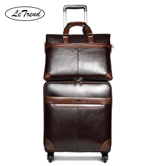 Letrend Men Business PU Leather Rolling Luggage Set Spinner High Capacity Trolley Suitcase Wheels Carry on Travel Bag Trunk