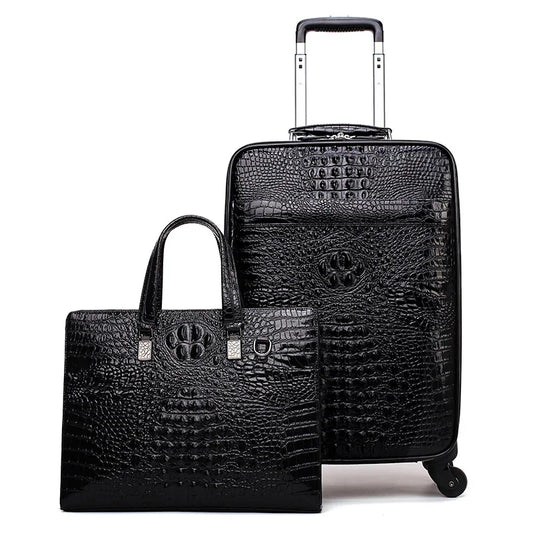 New Men Crocodile Head Layer Cowhide Luggage Sets Cabin Travel Bags on Wheels Business Trolley Suitcase with Handbag
