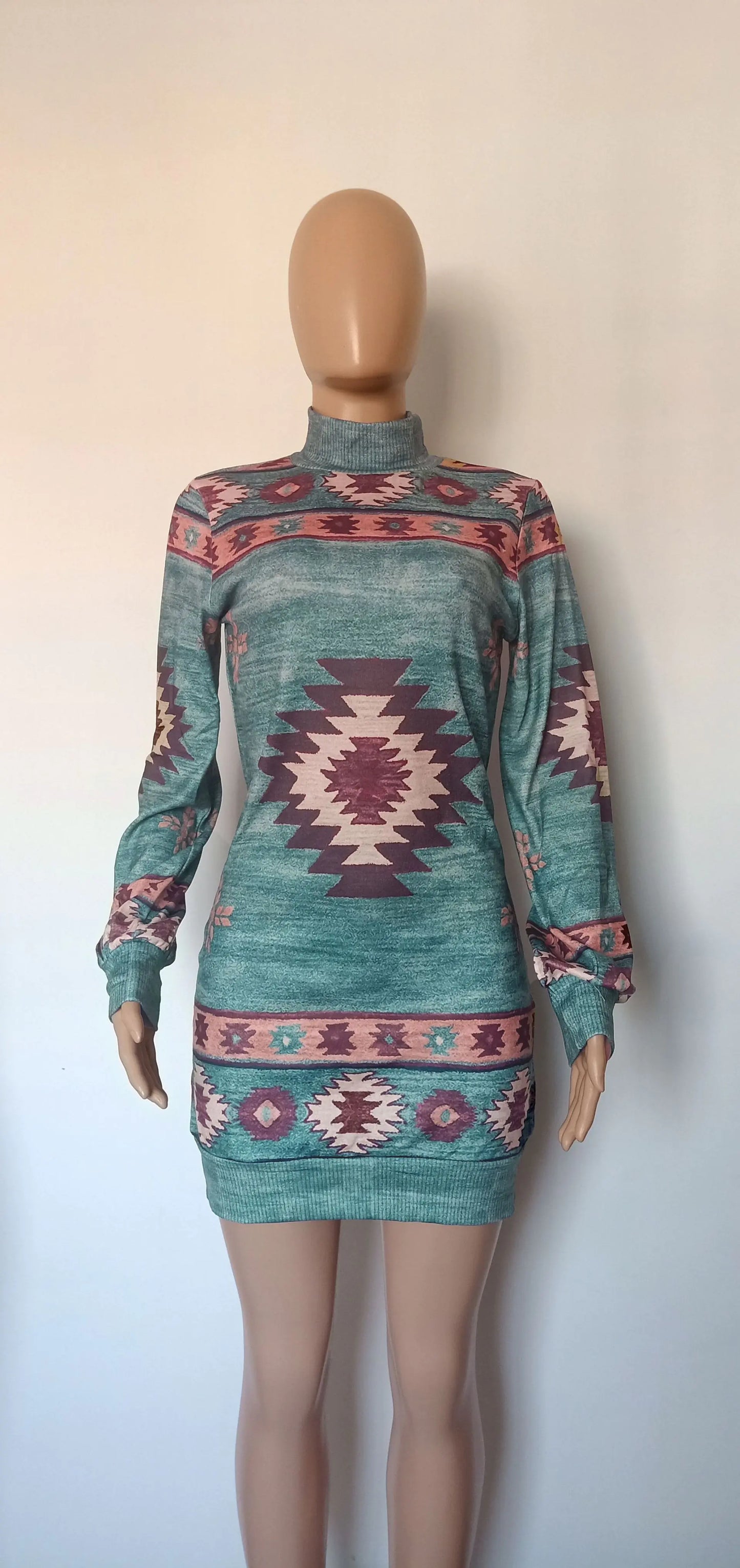 Bohemian Print Mini Dress for Women - Long Sleeve, Skinny Fit, Casual, for Autumn and Winter