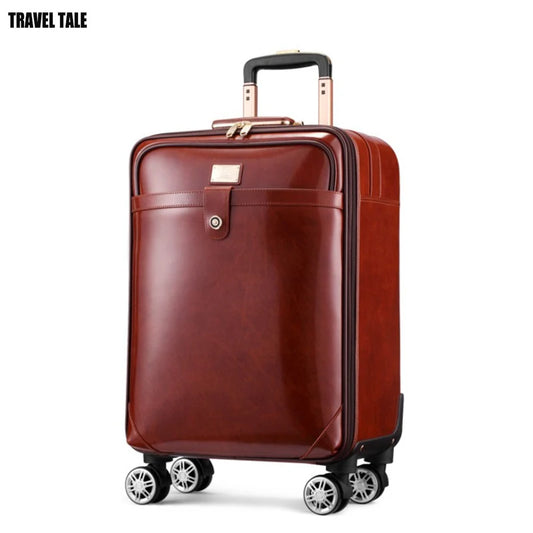 16"20" Inch Men Cow Leather Trolley Suitcase Retro Cabin Hand Luggage Bag on Wheel